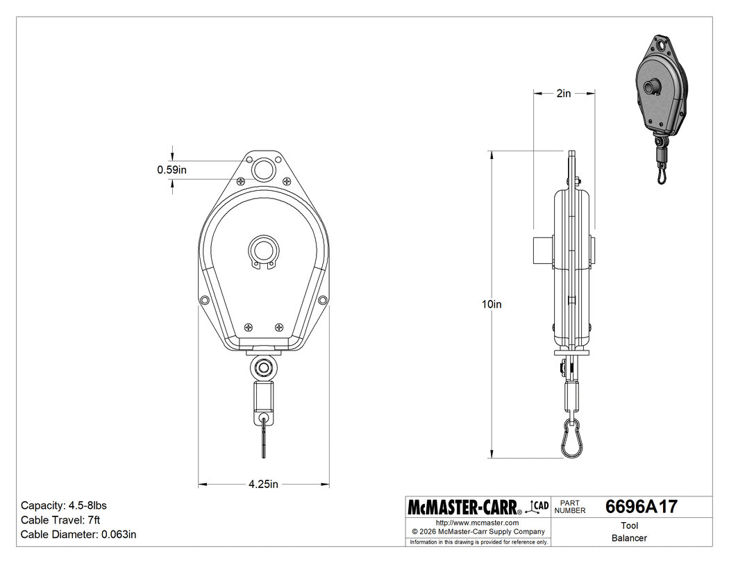 Technical Drawing of Tool Balancer, without Cable Lock, 4.5 to 8 lb. Capacity.
